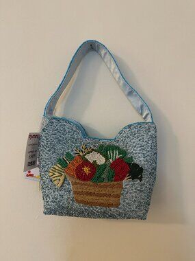 Made in India blue beaded bag with tomatoes, carrots, cauliflower design